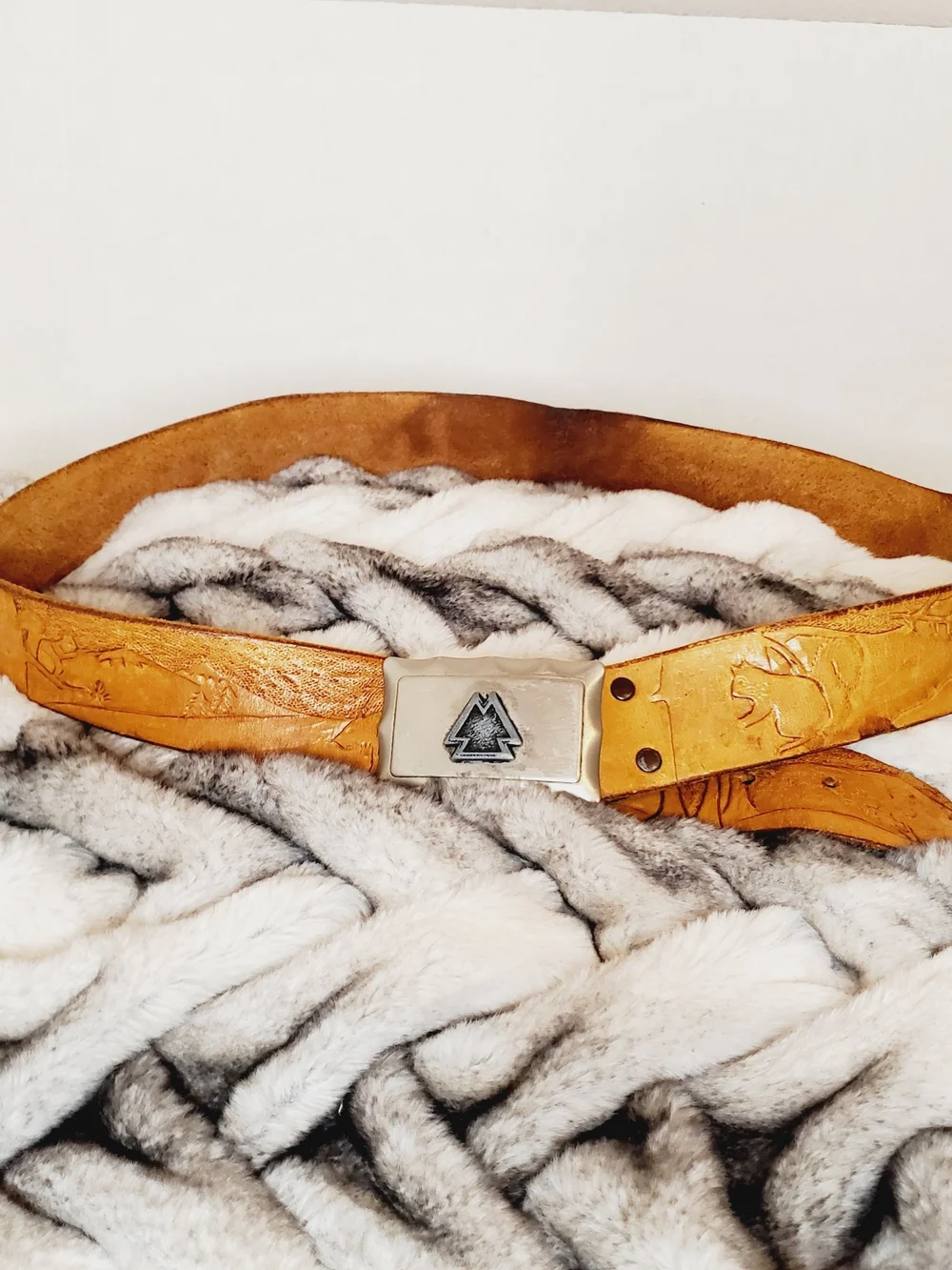 Vintage hand-tooled leather belt features a distinctive Viking Valknut symbo